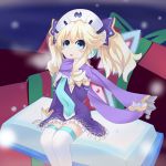  1girl absurdres blonde_hair blue_eyes blush book breath choujigen_game_neptune christmas fairy_wings gift hair_ornament hat highres histoire long_hair neptune_(series) open_mouth rian_(clearhisty0101) scarf shin_jigen_game_neptune_vii snow solo wings 
