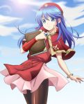  1girl armlet blue_eyes blue_hair book capelet cowboy_shot dress fire_emblem fire_emblem:_fuuin_no_tsurugi hat highres jewelry kakiko210 lilina long_hair pantyhose skirt smile solo sunlight 