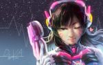  1girl bangs bodysuit brown_eyes brown_hair character_name d.va_(overwatch) dated facial_mark finger_on_trigger gloves gun handgun headphones heart heart-shaped_pupils highres lips long_hair looking_at_viewer nose one_eye_closed overwatch pilot_suit pistol portrait signature smile solo swept_bangs symbol-shaped_pupils wan_liang_sora weapon whisker_markings white_gloves 