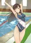  1girl ;) absurdres arm_behind_head arm_up armpits bangs breasts brown_eyes brown_hair collarbone competition_swimsuit cowboy_shot d.va_(overwatch) dated facepaint facial_mark heiyu highres indoors long_hair medium_breasts one-piece_swimsuit one_eye_closed overwatch pool sideboob signature smile solo stretch swept_bangs swimsuit whisker_markings 