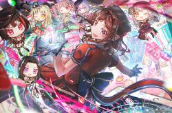  6+girls :d bang_dream! black_hair black_hat blonde_hair blue_eyes boots brown_hair chibi cone_hair_bun dress fire gloves grey_hair hair_bun hair_ornament hat highres kurata_mashiro long_hair looking_at_viewer maruyama_aya medium_hair minato_yukina mitake_ran multiple_girls nasuharu_(kom_4em) one_eye_closed open_mouth pants pink_eyes pink_hair purple_dress red_dress red_eyes red_hair short_hair smile star_(symbol) star_hair_ornament toyama_kasumi tsurumaki_kokoro twintails violet_eyes wakana_rei white_gloves white_hair white_pants yellow_eyes 