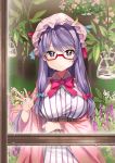  1girl artist_name bespectacled blue_bow blush book bow crescent crescent_hair_ornament dr_poapo dress fish glasses hair_bow hair_ornament hat highres long_hair long_sleeves looking_at_viewer mob_cap patchouli_knowledge purple_hair red-framed_eyewear red_bow sidelocks solo striped striped_dress touhou violet_eyes wide_sleeves window 