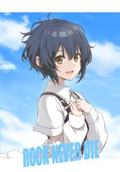  1girl 22/7 :d black_hair bodice brown_eyes collared_dress dress from_side hair_between_eyes hands_on_own_chest highres letterboxed long_sleeves looking_at_viewer looking_to_the_side matsubokkurin227 open_mouth outdoors rock_wa_shinanai short_hair smile solo song_name takigawa_miu teeth upper_body upper_teeth_only white_dress 