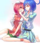  2girls ^_^ arm_garter bandaged_arm barefoot blue_dress blue_hair blush borushichi breast_grab breasts bun_cover cleavage closed_eyes cuffs double_bun dress face-to-face flower grabbing green_skirt groping hair_rings hand_on_another&#039;s_cheek hand_on_another&#039;s_face ibaraki_kasen kaku_seiga multiple_girls open_clothes open_vest parted_lips pink_eyes pink_hair pink_rose puffy_short_sleeves puffy_sleeves rose sash shackles shirt short_hair short_sleeves skirt skirt_grab smile tabard touhou trembling vest white_shirt white_vest yuri 