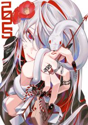  1girl 2025 absurdres arrow_(projectile) blue_hair english_commentary fangs fins flower hair_flower hair_ornament hair_over_one_eye hamaya highres jewelry long_hair looking_at_viewer multicolored_hair multiple_rings nail_art nail_polish original red_eyes red_flower red_hair red_lips ring simple_background snake snake_ring snake_wrapped_around_arm solo upper_body w@i white_background white_hair white_snake 