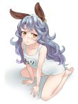  1girl alternate_costume animal_ears arm_support bare_arms bare_legs barefoot blue_hair breasts character_name collarbone contemporary embarrassed erun_(granblue_fantasy) ferry_(granblue_fantasy) from_above granblue_fantasy jewelry lips long_hair looking_at_viewer one-piece_swimsuit pashiri_(shiripa) rabbit_ears school_swimsuit simple_background single_earring sitting small_breasts soles solo swimsuit toes wavy_hair white_background white_swimsuit yellow_eyes 