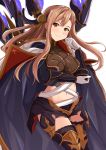  1girl absurdres bangs black_legwear blush breasts brown_hair cape gloves granblue_fantasy hair_between_eyes head_wings highres kanzaki_kureha long_hair long_sleeves looking_at_viewer navel orange_eyes orange_hair red_eyes short_shorts shorts simple_background smile solo song_(granblue_fantasy) thigh-highs white_background white_gloves zettai_ryouiki 