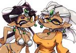  +_+ 2girls aori_(splatoon) breasts cleavage commentary_request cosplay dark_skin dragon_quest dragon_quest_iv earrings erect_nipples hand_on_hip hotaru_(splatoon) jewelry large_breasts manya manya_(cosplay) metal_bikini minea minea_(cosplay) mole mole_under_eye multiple_girls navel off_shoulder one_eye_closed pointy_ears simple_background smile splatoon tentacle_hair white_background yuta_agc 