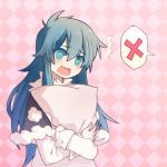  1girl alternate_hair_length alternate_hairstyle blouse blue_eyes blue_hair capelet checkered checkered_background closed_eyes colored_eyelashes doremy_sweet ko_kita long_hair open_mouth pillow pillow_hug pom_pom_(clothes) sidelocks touhou upper_body white_blouse 