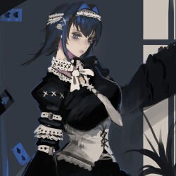  1girl arm_strap arm_up black_dress blue_eyes blue_hair bow bowtie breasts button_hair_ornament card closed_mouth collar commentary corset cowboy_shot dress english_commentary eyelashes eyeshadow frilled_collar frilled_sleeves frills goth_fashion grey_background hair_between_eyes hair_ornament highres hololive hololive_english indoors juliet_sleeves large_breasts long_sleeves looking_at_viewer maid maid_headdress makeup necktie ouro_kronii plant playing_card puffy_sleeves short_hair sidelocks solo tomatoketchup96 virtual_youtuber white_bow white_bowtie white_collar white_corset white_headdress white_necktie window x_hair_ornament 