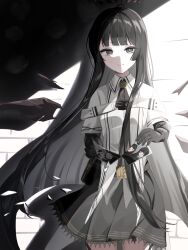  1girl absurdres ahoge arknights ascot black_ascot black_eyes black_gloves black_hair black_halo black_skirt blunt_bangs broken closed_mouth collared_shirt commentary cowboy_shot dark_halo detached_wings diamond-shaped_pupils diamond_(shape) elbow_gloves gloves grey_pupils halo highres lace-trimmed_skirt lace_trim long_hair nishimiya_aki photo_(object) pleated_skirt shirt sidelocks skirt smile solo standing symbol-shaped_pupils tearing_paper very_long_hair virtuosa_(arknights) white_shirt wings 