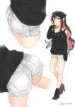  1girl 2016 ama_mitsuki ass bare_shoulders black_hair blush boots collarbone commentary_request dated denim denim_shorts hair_bun hair_ribbon kantai_collection long_hair long_sleeves looking_at_viewer multicolored_hair multiple_views naganami_(kantai_collection) parted_lips pink_hair ribbon short_shorts shorts signature simple_background sleeves_past_wrists solo standing white_background white_shorts yellow_eyes 