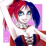  1girl bare_shoulders batman_(series) blue_eyes breasts cleavage dc_comics harley_quinn lipstick makeup multicolored_hair twintails white_skin 