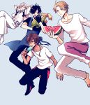  4boys :t ^_^ apron black_gloves black_hair brown_hair closed_eyes corn dog_tags eating eyepatch food fruit gloves heshikiri_hasebe hoshiko_(shu-kuri-mu) japanese_clothes jumping male_focus multiple_boys ookurikara open_mouth pants popsicle shokudaikiri_mitsutada smile tattoo touken_ranbu track_pants tsurumaru_kuninaga violet_eyes watermelon white_hair yellow_eyes 