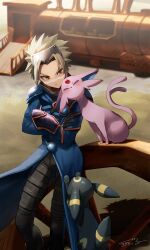  1boy blue_coat brown_hair closed_mouth coat commentary_request crossed_arms cuddling day espeon gloves highres loloroyal looking_to_the_side male_focus orange_eyes outdoors pants pokemon pokemon_(creature) pokemon_colosseum sand short_hair signature standing umbreon wes_(pokemon) 