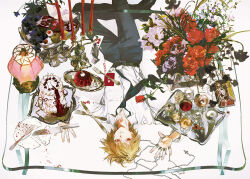  1boy apple belt belt_buckle black_belt black_necktie black_pants black_shoes blonde_hair bouquet buckle cake candle candlestand card chain collared_shirt cup dress_shirt flower food foot_out_of_frame fork from_above fruit grapes huangdanlan hunter_x_hunter jewelry knife kurapika lamp long_sleeves looking_to_the_side loose_necktie lying male_focus messy_hair multiple_rings necktie on_back open_collar pants playing_card red_eyes red_flower ring rose shirt shirt_tucked_in shoes short_hair sideways_glance solo statue table tray under_table white_flower white_shirt white_sleeves 