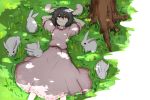  animal_ears arm_garter arms_behind_head arms_up black_hair bunny_girl dappled_sunlight dress highres inaba_tewi kan_(aaaaari35) looking_up lying on_back pink_dress puffy_short_sleeves puffy_sleeves rabbit rabbit_ears red_eyes short_hair short_sleeves sunlight touhou tree under_tree 