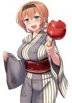  1girl :d anchor_symbol blush breasts candy_apple commentary_request giving grey_eyes hachimaki headband japanese_clothes kantai_collection kimono large_breasts light_brown_hair looking_at_viewer obi open_mouth sama_samasa sash smile solo teruzuki_(kantai_collection) yukata 