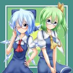  2girls ;) adjusting_glasses ascot bespectacled blue_eyes blue_hair blush bow cirno daiyousei dress fairy_wings glasses green_eyes hair_bow hand_on_hip ice ice_wings large_bow looking_at_viewer multiple_girls nogiguchi one_eye_closed short_hair side_ponytail skirt skirt_set smile sparkle touhou v_arms wings 
