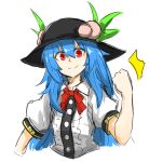  &gt;:) 1girl black_hat blue_hair bow bowtie clenched_hand dress_shirt food fruit hat hinanawi_tenshi kan_(aaaaari35) leaf long_hair looking_at_viewer peach puffy_short_sleeves puffy_sleeves red_bow red_bowtie red_eyes shirt short_sleeves sketch solo touhou upper_body white_background white_shirt 