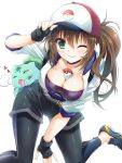  10s 1girl adjusting_clothes adjusting_hat backpack bag baseball_cap belt between_breasts black_legwear blush breasts brown_hair bulbasaur choker cleavage cropped_jacket female_protagonist_(pokemon_go) fingerless_gloves gloves green_eyes hat leaning_forward leggings long_hair looking_at_viewer no_socks one_eye_closed poke_ball pokemon pokemon_(creature) pokemon_go ponytail shoes smile sneakers suzui_narumi white_background 