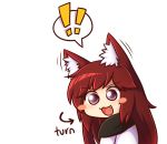  ! !! &gt;:d 1girl :d animal_ears blush blush_stickers brown_hair chibi disembodied_blush dress ear_wiggle english eyebrows fang imaizumi_kagerou long_hair looking_at_viewer open_mouth red_eyes smile solo spoken_exclamation_mark touhou upper_body white_background wolf_ears wool_(miwol) 