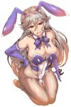  1girl :d animal_ears bare_shoulders black_legwear blue_gloves blush breasts bunnysuit cleavage covered_navel detached_collar elbow_gloves gloves granblue_fantasy grey_hair hand_on_hip highres large_breasts long_hair looking_at_viewer magisa_(granblue_fantasy) open_mouth pantyhose rabbit_ears red_eyes seiza simple_background sitting smile solo wakura_(gcdan) white_background 