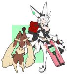  1girl ahoge alternate_costume alternate_hair_color animal_ears aqua_eyes belt black_eyes blue_eyes bouquet breasts bunny_tail cleavage crossover dress elphelt_valentine female fingerless_gloves flower four-leaf_clover full_body fur_trim guilty_gear guilty_gear_xrd gun hairband hat holding_weapon large_breasts lopunny makai open_mouth pink_sclera pokemon pokemon_(creature) rabbit_ears rose short_hair shotgun spiked_collar spikes thigh_boots weapon white_hair white_legwear 