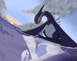  animal_focus black_eyes blue_sky closed_mouth clouds colored_sclera commentary day different_reflection dutch_angle eye_contact fang fisheye gradient_sky hai_(gardevoirrr) highres horizon looking_at_another looking_down lugia no_humans ocean outdoors pokemon pokemon_(creature) pokemon_xd red_eyes red_sclera reflection shadow_lugia skin_fang sky sunrise water 