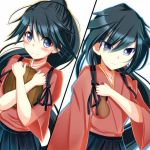  &gt;:| 1girl black_hair blue_eyes closed_mouth holding holding_plate holding_spoon houshou_(kantai_collection) japanese_clothes kantai_collection long_hair looking_at_viewer multiple_views open_eyes plate ponytail sazamiso_rx smile tareme tsurime 