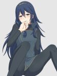  1girl blue_eyes blue_hair blush covering_mouth fire_emblem fire_emblem:_kakusei hand_to_own_mouth long_hair looking_at_viewer lucina mejiro ribbed_legwear ribbed_sweater simple_background solo spread_legs sweater tiara 