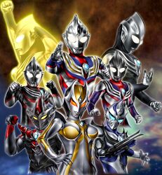  1girl 3boys alien arm_blade armor arms_up aura black_skin blue_eyes blue_skin breastplate breasts camearra clenched_hands color_timer colored_skin commentary compound_eyes cropped_torso crystal dark_persona darramb dorsal_fin facial_mark fighting_stance forehead_jewel glowing glowing_eyes grey_skin hand_on_own_hip hands_up hanejidyna86 highres horns hudra looking_at_viewer medium_breasts multicolored_skin multiple_boys multiple_forms muscular muscular_male orange_eyes outstretched_arm pectorals pointy_ears purple_skin red_armor red_skin shoulder_armor shoulder_pads silver_skin standing tokusatsu tsurime twitter_username ultra_series ultraman_tiga ultraman_tiga:_the_final_odyssey ultraman_tiga_(glitter_tiga) ultraman_tiga_(multi_type) ultraman_tiga_(series) ultraman_tiga_(tiga_blast) ultraman_tiga_(tiga_dark) ultraman_tiga_(tiga_tornado) upper_body weapon white_eyes yellow_aura yellow_eyes 