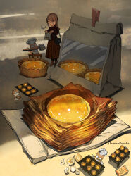  1boy apron artist_name bag bowl chef_hat commentary demizu_posuka egg egg_tart eggshell food handbag hat highres milk original paper_bag tart_(food) whisk white_apron 