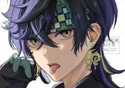  1boy black_gloves black_hair black_shirt blonde_hair colored_inner_hair commentary crossed_bangs ear_piercing earrings genshin_impact gloves green_eyes green_gloves green_hair green_headband hair_between_eyes hand_up headband highres jewelry kinich_(genshin_impact) looking_at_viewer male_focus multicolored_eyes multicolored_gloves multicolored_hair necoco112061 parted_bangs parted_lips piercing shirt short_hair simple_background solo spiked_ear_piercing streaked_hair tongue tongue_out tongue_piercing two-tone_gloves watermark white_background yellow_eyes 