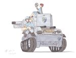  3girls aki_(girls_und_panzer) blonde_hair brown_hair bt-42 cannon caterpillar_tracks girls_und_panzer ground_vehicle hat instrument kantele mika_(girls_und_panzer) mikko_(girls_und_panzer) military military_vehicle motor_vehicle multiple_girls on_vehicle pants pants_under_skirt redhead shovel sitting skirt socks steering_wheel striped striped_sweater sweater tank tri twintails vehicle worktool 