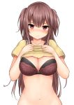 1girl blush bra breasts brown_eyes brown_hair cleavage collarbone face frown highres large_breasts long_hair looking_at_viewer mizushina_minato navel original shirt_lift simple_background solo two_side_up underwear upper_body white_background 