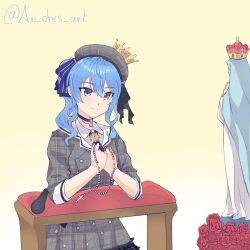  1girl an_dres_art artist_name beret blue_choker blue_eyes blue_hair bracelet choker christianity cross crown flower grey_hat hair_between_eyes hat highres holding_rosary hololive hoshimachi_suisei jacket jewelry latin_cross microphone plaid_clothes plaid_hat plaid_jacket praying red_flower red_rose rosary rose side_ponytail signature simple_background smile star_(symbol) star_bracelet star_choker star_in_eye symbol_in_eye virgin_mary virtual_youtuber 