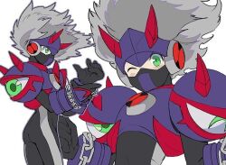  1boy armor black_bodysuit bodysuit cosplay cowboy_shot double_soul_(mega_man) eraseman.exe eraseman.exe_(cosplay) extra_eyes green_eyes helmet holding looking_at_viewer male_focus mask mega_man_(series) mega_man_battle_network_(series) mega_man_battle_network_6 megaman.exe mouth_mask multiple_views netnavi one_eye_closed purple_armor purple_helmet simple_background solo_focus to_i_to_io watermark white_background white_hair 