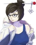  1girl black-framed_eyewear breasts brown_eyes brown_hair cleavage coat collarbone fur_trim glasses hair_bun hair_ornament hair_stick highres large_breasts looking_to_the_side mei_(overwatch) overwatch parted_lips rai32019 short_hair simple_background smile solo tank_top undressing upper_body white_background 