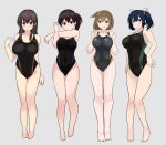  4girls :d :o absurdres akagi_(kancolle) akagi_(kantai_collection) alternate_costume arm_behind_back armpits arms_at_sides back_cutout bangs barefoot black_hair black_one-piece_swimsuit blue_eyes blue_hair blunt_ends blush bob_cut breasts brown_eyes brown_hair clenched_hands closed_mouth clothing_cutout competition_swimsuit covered_navel cross-body_stretch full_body gluteal_fold grey_background groin hair_between_eyes hair_ribbon hair_tie hand_up hands_up highleg highleg_swimsuit highres hiryuu_(kancolle) hiryuu_(kantai_collection) kaga_(kancolle) kaga_(kantai_collection) kantai_collection large_breasts legs long_hair medium_hair multiple_girls noruren one-piece_swimsuit one_side_up open_mouth parted_bangs parted_lips ribbon short_hair short_twintails side_ponytail sidelocks simple_background smile souryuu_(kancolle) souryuu_(kantai_collection) standing straight-on straight_hair stretching swimsuit twintails white_ribbon yellow_eyes 