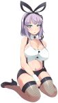  1girl animal_ears blue_eyes blush bow bowtie breasts bunny_girl buttons cleavage dagashi_kashi fishnet_legwear fishnets flower hair_flower hair_ornament hairband large_breasts lillithlauda looking_at_viewer navel open_mouth purple_hair rabbit_ears shidare_hotaru short_hair simple_background sitting solo suspenders thigh-highs wariza wrist_cuffs 