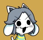  &gt;:3 :3 black_eyes blush brown_background chibi extra_ears grey_hair gyate_gyate lowres monster open_mouth shirt simple_background solo striped striped_shirt tail temmie undertale upper_body yaruky 