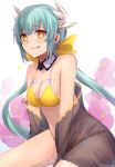  1girl :p bikini blue_hair breasts cleavage fate/grand_order fate_(series) heart heart-shaped_pupils highres horns kiyohime_(fate/grand_order) kiyohime_(swimsuit_lancer)_(fate) long_hair looking_at_viewer sitting smile solo swimsuit symbol-shaped_pupils tongue tongue_out yellow_bikini yellow_eyes yukihama 
