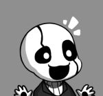  /\/\/\ :3 chibi grey_background gyate_gyate hands lowres open_mouth ribbed_sweater simple_background smile solo sweater turtleneck undertale upper_body w.d._gaster white_pupils white_skin yaruky 