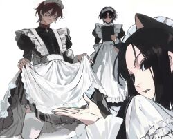  3boys alternate_costume animal_collar animal_ears apron black_dress black_eyes black_hair cat_boy cat_ears chrollo_lucilfer collar crossdressing dress earrings enmaided facepaint facial_mark forehead_mark frilled_apron frills hisoka_morow hunter_x_hunter illumi_zoldyck jewelry juliet_sleeves kneeling long_hair long_sleeves looking_at_viewer maid maid_apron maid_headdress male_focus male_maid mizu1202001 multiple_boys parted_lips puffy_sleeves red_hair short_hair simple_background skirt_hold smile star_(symbol) star_facial_mark teardrop_facial_mark thigh-highs white_apron white_background yellow_eyes 