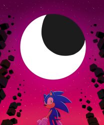  1boy absurdres blue_fur broken_pillar crescent_moon crumbling deltahead furry furry_male gloves glowing glowing_eyes gradient_sky green_eyes hedgehog_boy highres looking_at_viewer looking_back moon moon_phases purple_sky red_sky ruins short_tail sky sonic_(series) sonic_dream_team sonic_the_hedgehog star_(sky) starry_sky tail 