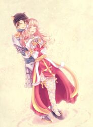  1boy 1girl animal_ear_headwear animal_ears arch_bishop_(ragnarok_online) armor black_hat black_shoes blonde_hair bow breastplate brown_hair cabbie_hat cat_ears closed_eyes commentary cross dress english_commentary fake_animal_ears faulds fishnet_thighhighs fishnets full_body garter_straps gauntlets hairband hat heart highres hug hug_from_behind juliet_sleeves long_hair long_sleeves open_mouth pauldrons pluvias puffy_sleeves ragnarok_online red_hairband royal_guard_(ragnarok_online) sash shoes short_hair shoulder_armor smile standing thigh-highs two-tone_dress white_dress white_thighhighs yellow_background yellow_bow yellow_sash 