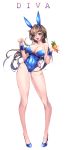  1girl animal_ears artist_name bangs bare_shoulders blue_leotard breasts brown_eyes brown_hair bunny_girl bunnysuit carrot character_name cherry choker cleavage clenched_hand collarbone contrapposto covered_navel cup d.va_(overwatch) detached_collar drinking_glass drinking_straw facepaint facial_mark fake_animal_ears fingernails food fruit full_body gabi gluteal_fold hand_up heart heart-shaped_pupils highleg highleg_leotard highres large_breasts legs leotard lips lipstick long_hair makeup open_mouth overwatch pigeon-toed rabbit_ears red_lipstick simple_background solo standing strapless strapless_leotard symbol-shaped_pupils teeth tongue vegetable whisker_markings white_background wrist_cuffs 