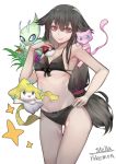  1girl akasen black_hair black_swimsuit breasts celebi character_request cleavage copyright_name cowboy_shot hair_flaps hand_on_hip jirachi long_hair looking_at_viewer mew poke_ball pokemon red_eyes smile swimsuit white_background 