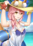  1girl :d animal_ears bad_id bad_pixiv_id bikini blue_bikini blue_sky breasts clouds fate/extra fate/grand_order fate_(series) fox_ears fox_tail hat innertube long_hair looking_at_viewer ocean open_mouth outdoors p!nta palm_tree pink_hair see-through shirt sky smile solo swimsuit tail tamamo_(fate)_(all) tamamo_no_mae_(swimsuit_lancer)_(fate) tree wet wet_clothes wet_shirt yellow_eyes 
